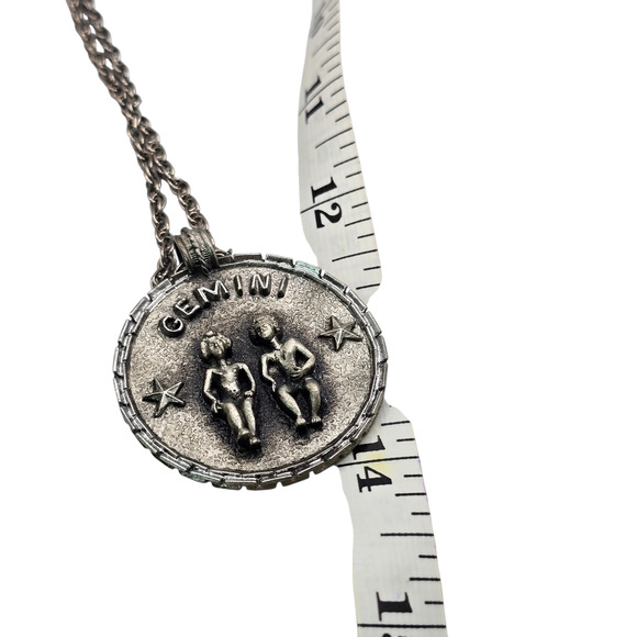 Necklace Gemini Zodiac Pewter Like Silver Tone Round Coin Pendant SKU2890 - Picture 4 of 7
